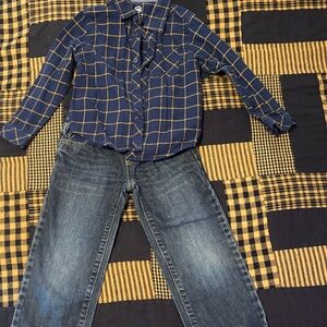 Blue and Yellow Plaid Shirt with Denim Jeans